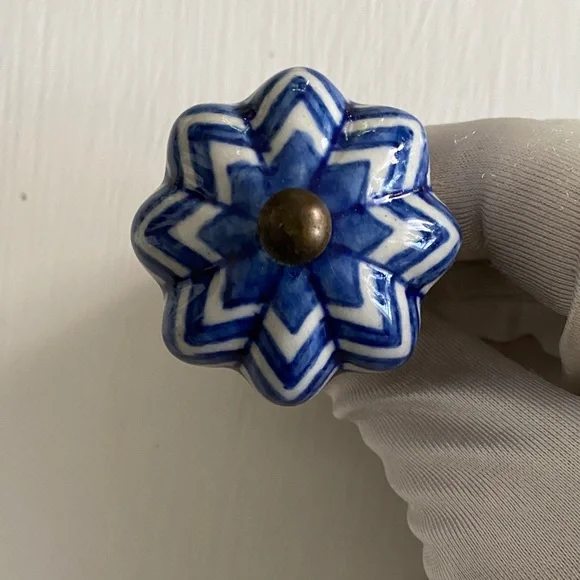 Blue White Flower Ceramic Drawer Cabinet Knob Pulls Brass Set Hand Painted Chic - Picture 5 of 10